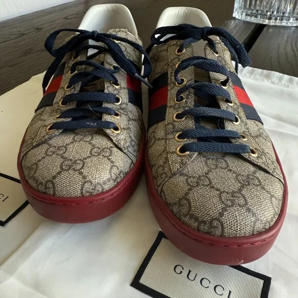 Gucci Ace GG Supreme Sneakers Men’s Size 8.5 Beige Red Blue Stripe - Picture 2 of 10